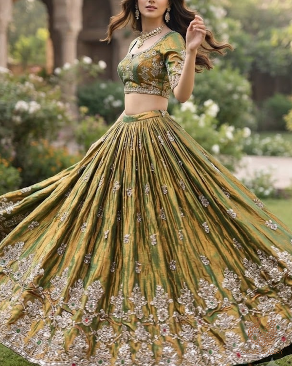 Green Silk Fabric With All Over Zari, Sequins, Katdana And Bead Work With One Side Heavy Border 23926