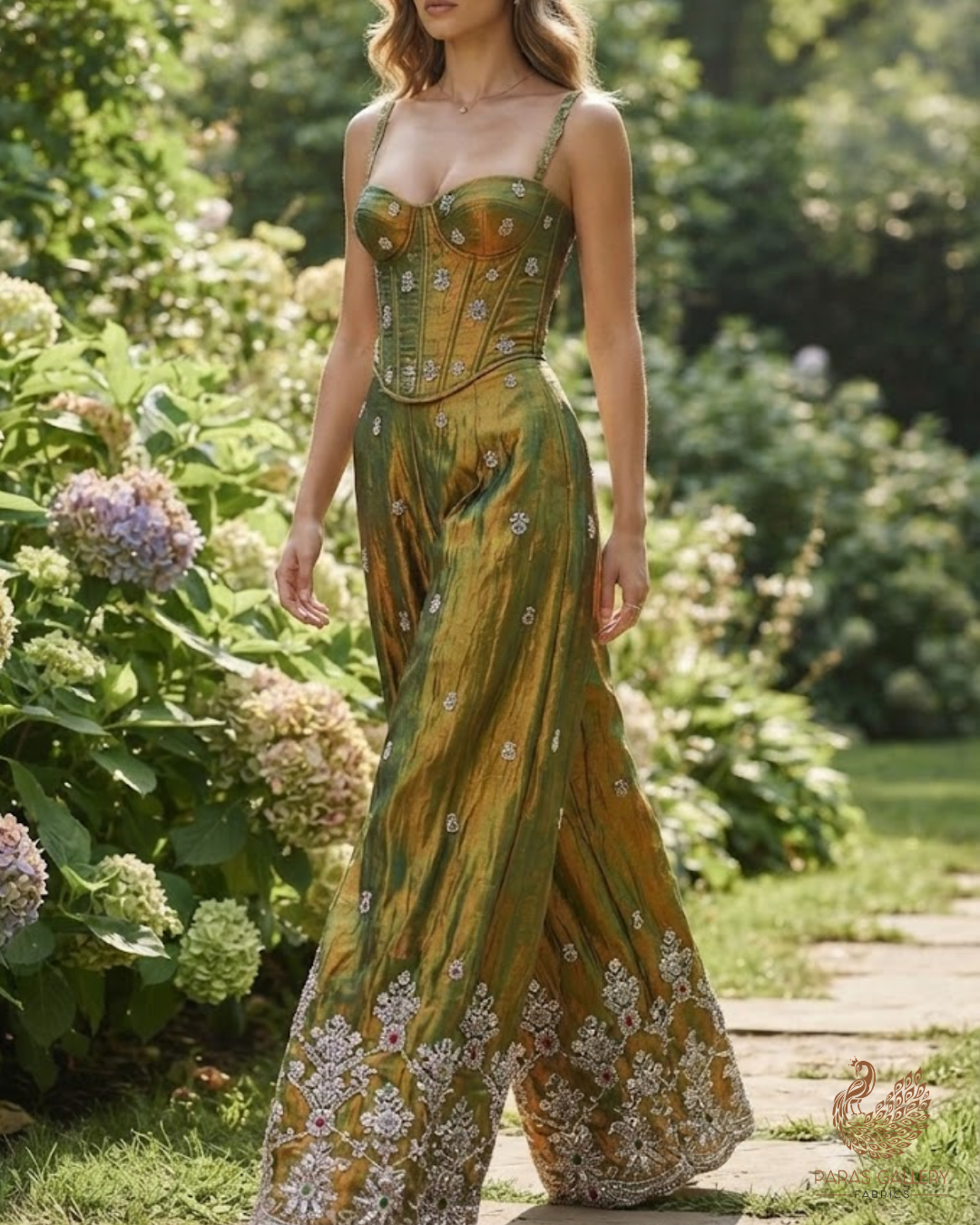 Green Silk Fabric With All Over Zari, Sequins, Katdana And Bead Work With One Side Heavy Border 23926