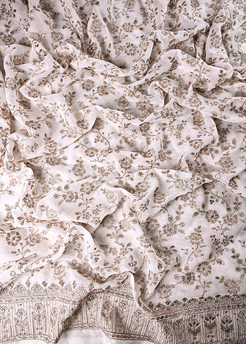 White Dyeable Georgette Fabric With All Over Zari And Sequins Work With One Side Border 23927
