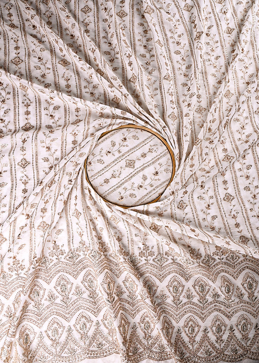 White Dyeable Georgette Fabric With All Over Zari And Sequins Work With One Side Border 23928