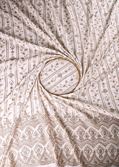 White Dyeable Georgette Fabric With All Over Zari And Sequins Work With One Side Border 23928