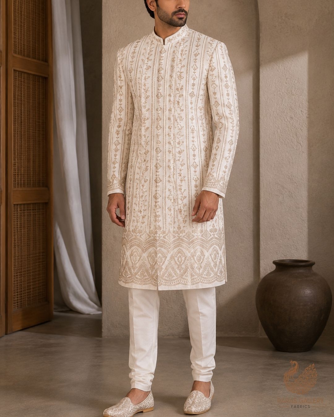 White Dyeable Georgette Fabric With All Over Zari And Sequins Work With One Side Border 23928
