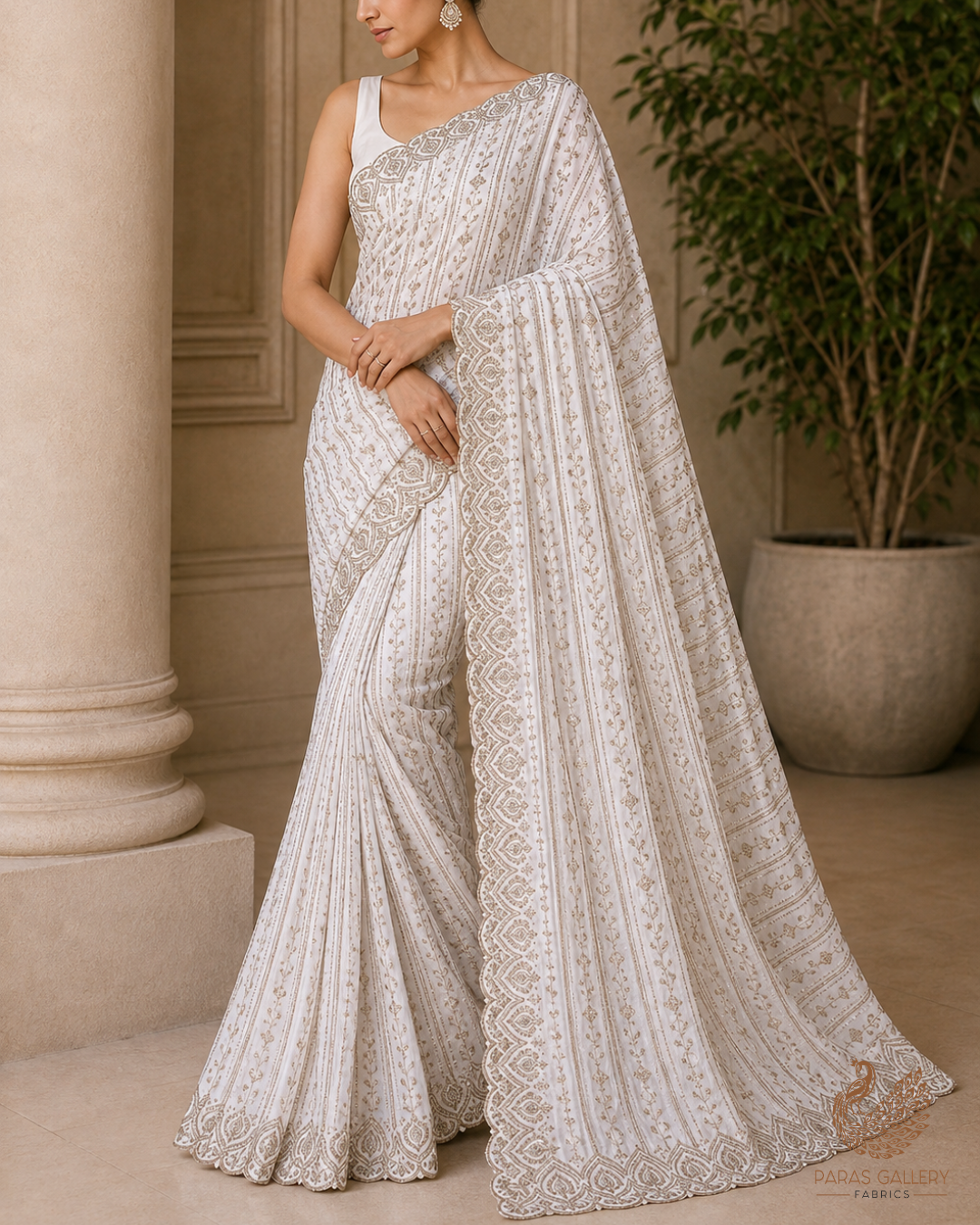 White Dyeable Georgette Fabric With All Over Zari And Sequins Work With One Side Border 23928