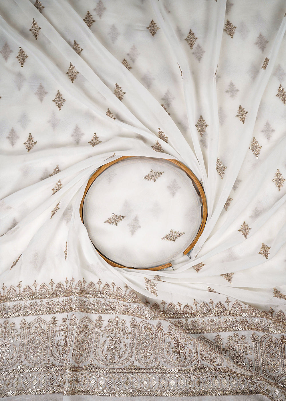 White Dyeable Georgette Fabric With All Over Zari And Sequins Work With One Side Border 23929