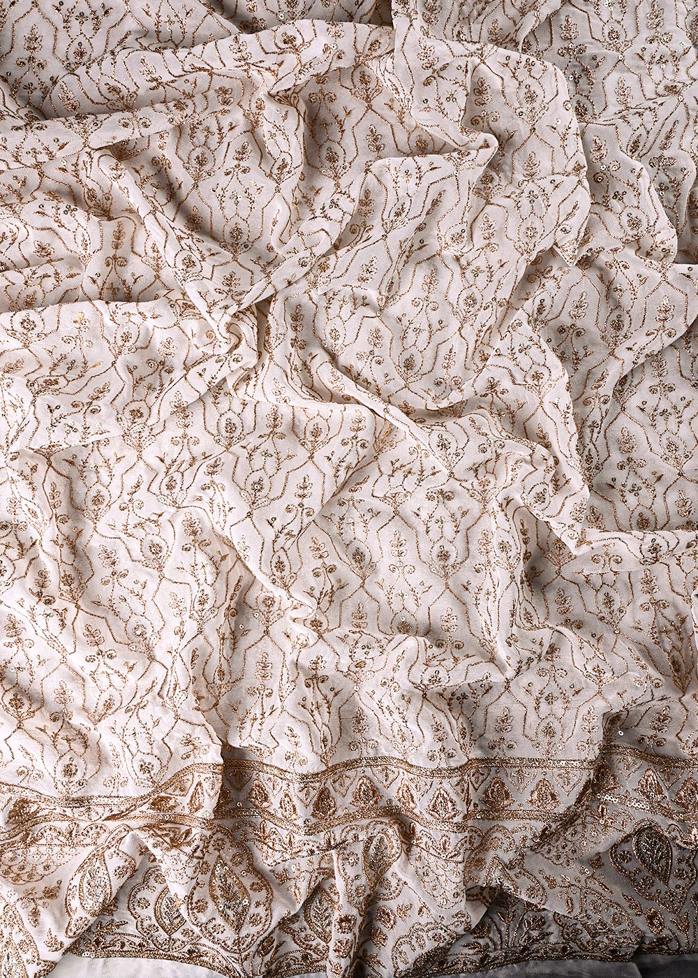White Dyeable Georgette Fabric With All Over Zari And Sequins Work With One Side Border 23930