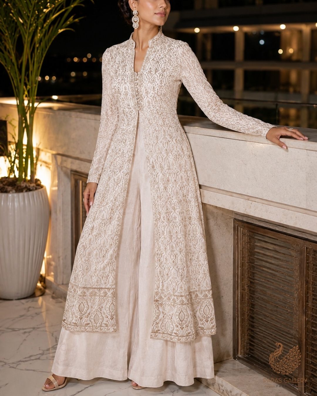 White Dyeable Georgette Fabric With All Over Zari And Sequins Work With One Side Border 23930