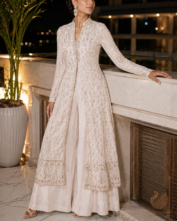White Dyeable Georgette Fabric With All Over Zari And Sequins Work With One Side Border 23930