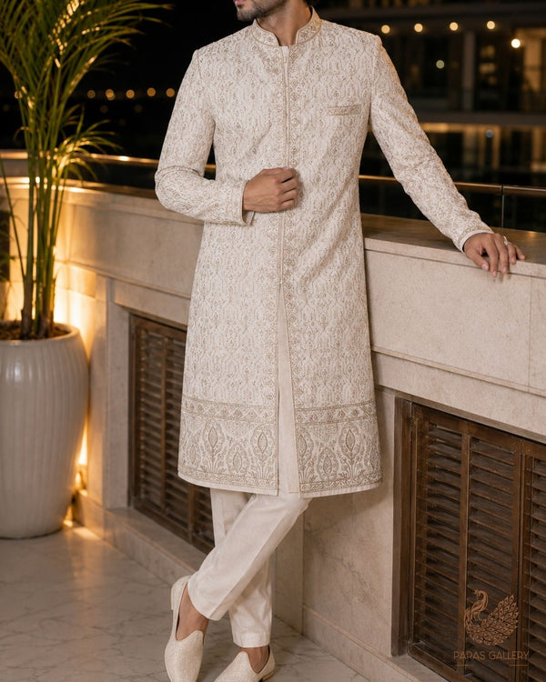 White Dyeable Georgette Fabric With All Over Zari And Sequins Work With One Side Border 23930