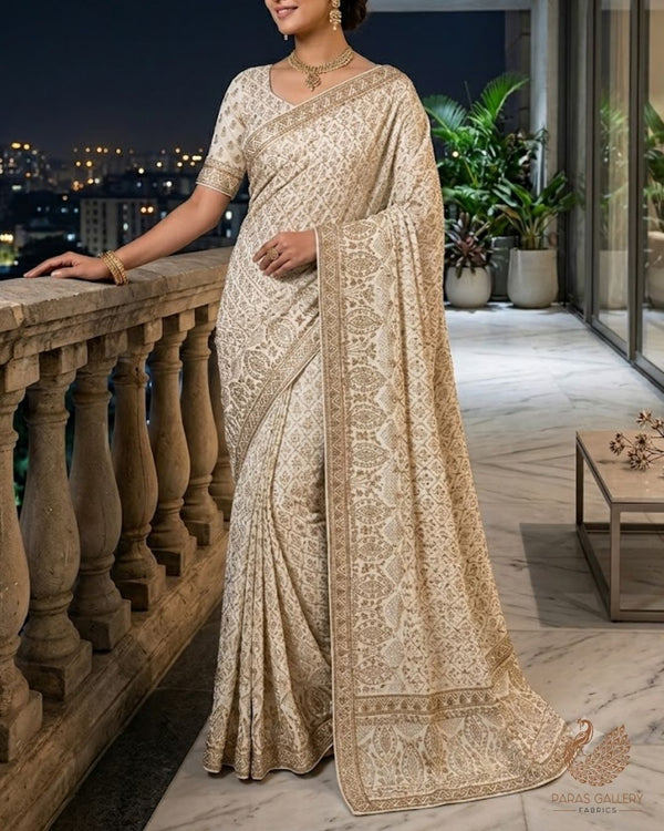 White Dyeable Georgette Fabric With All Over Zari And Sequins Work With One Side Border 23930