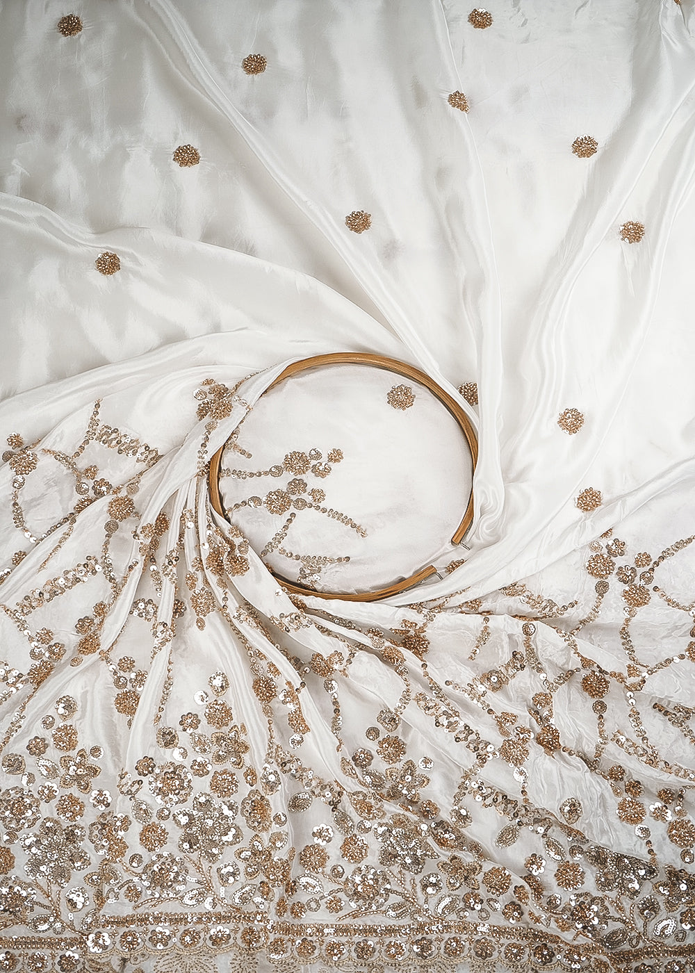 White Crepe Fabric With All Over Zari, Sequins And Katdana Work With One Side Heavy Border  23932