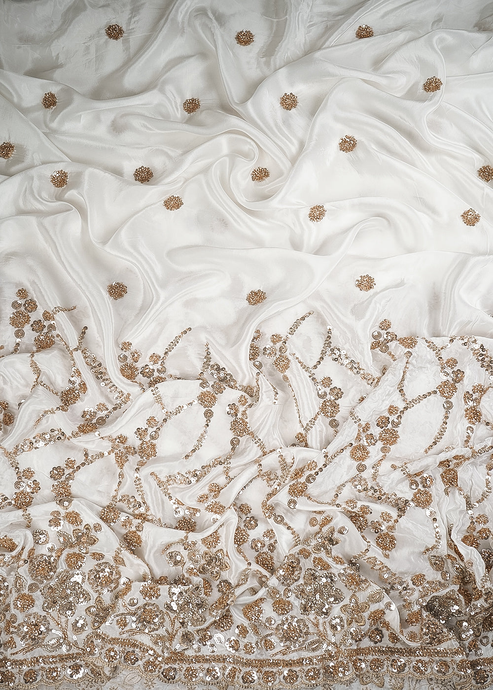 White Crepe Fabric With All Over Zari, Sequins And Katdana Work With One Side Heavy Border  23932