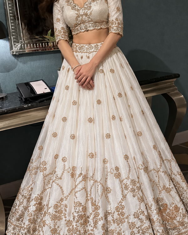 White Dyeable Crepe Fabric With All Over Zari, Sequins And Katdana Work With One Side Heavy Border  23932