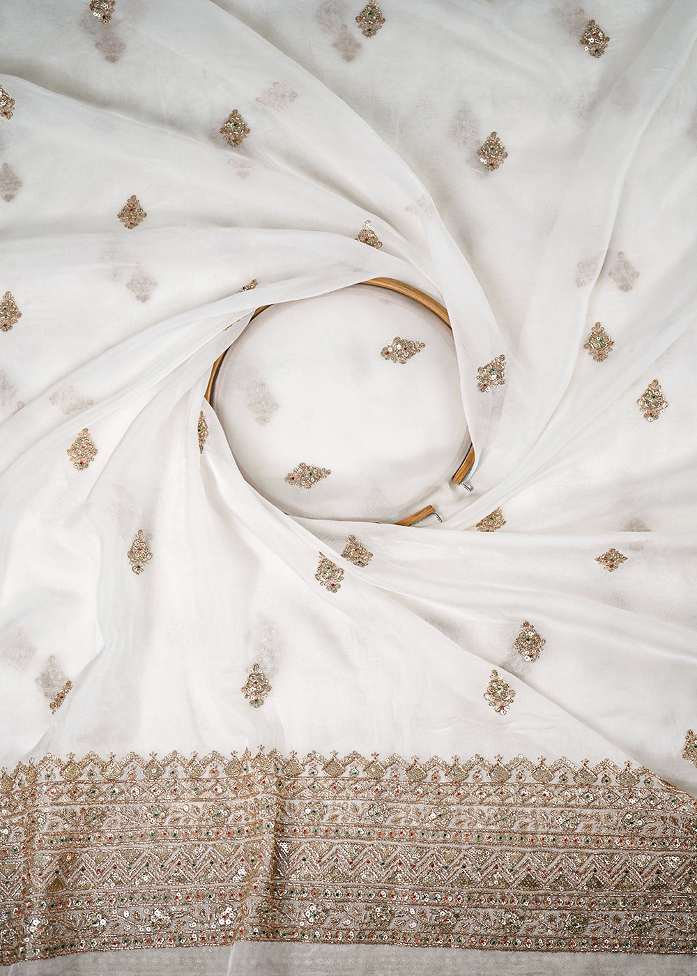 White Dyeable Organza Fabric With All Over Zari, Sequins And Katdana Work With One Side Border 23933
