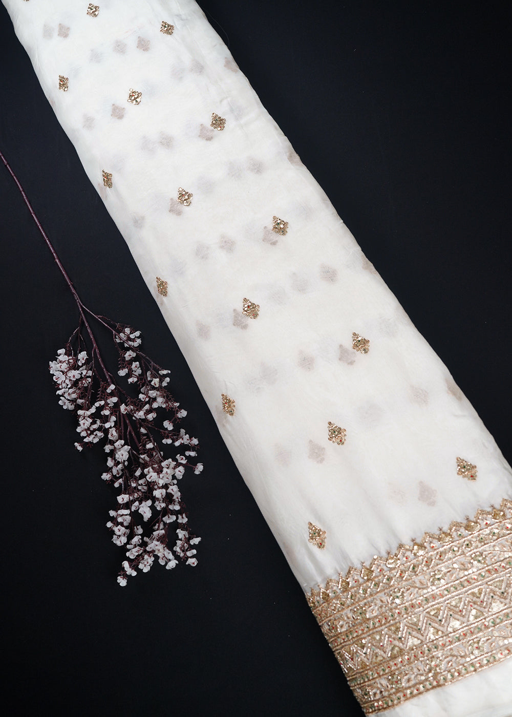 White Dyeable Organza Fabric With All Over Zari, Sequins And Katdana Work With One Side Border 23933
