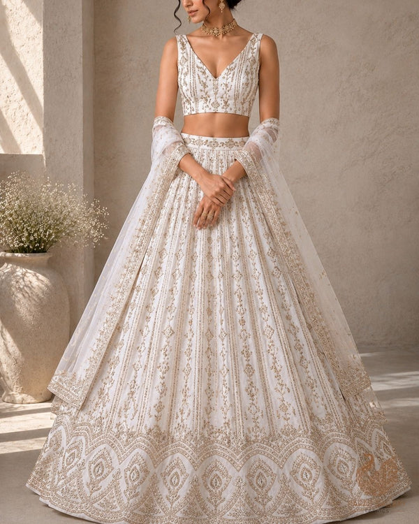 White Dyeable Georgette Fabric With All Over Zari And Sequins Work With One Side Border 23928