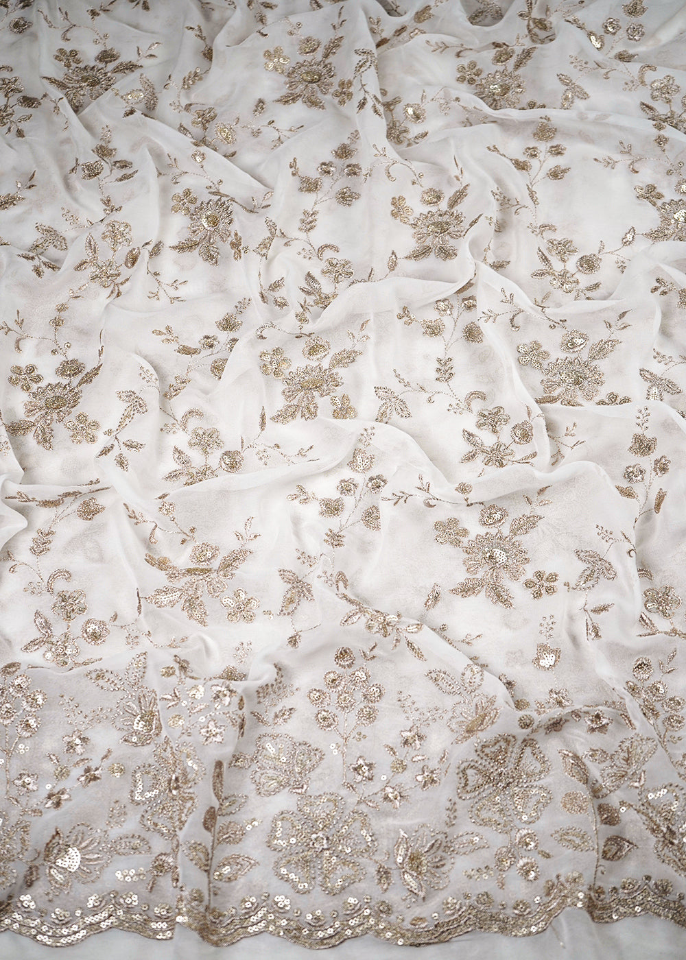 White Dyeable Georgette Fabric With All Over Zari And Sequins Work With One Side Border 23934