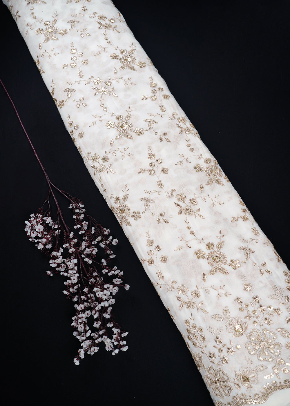 White Dyeable Georgette Fabric With All Over Zari And Sequins Work With One Side Border 23934