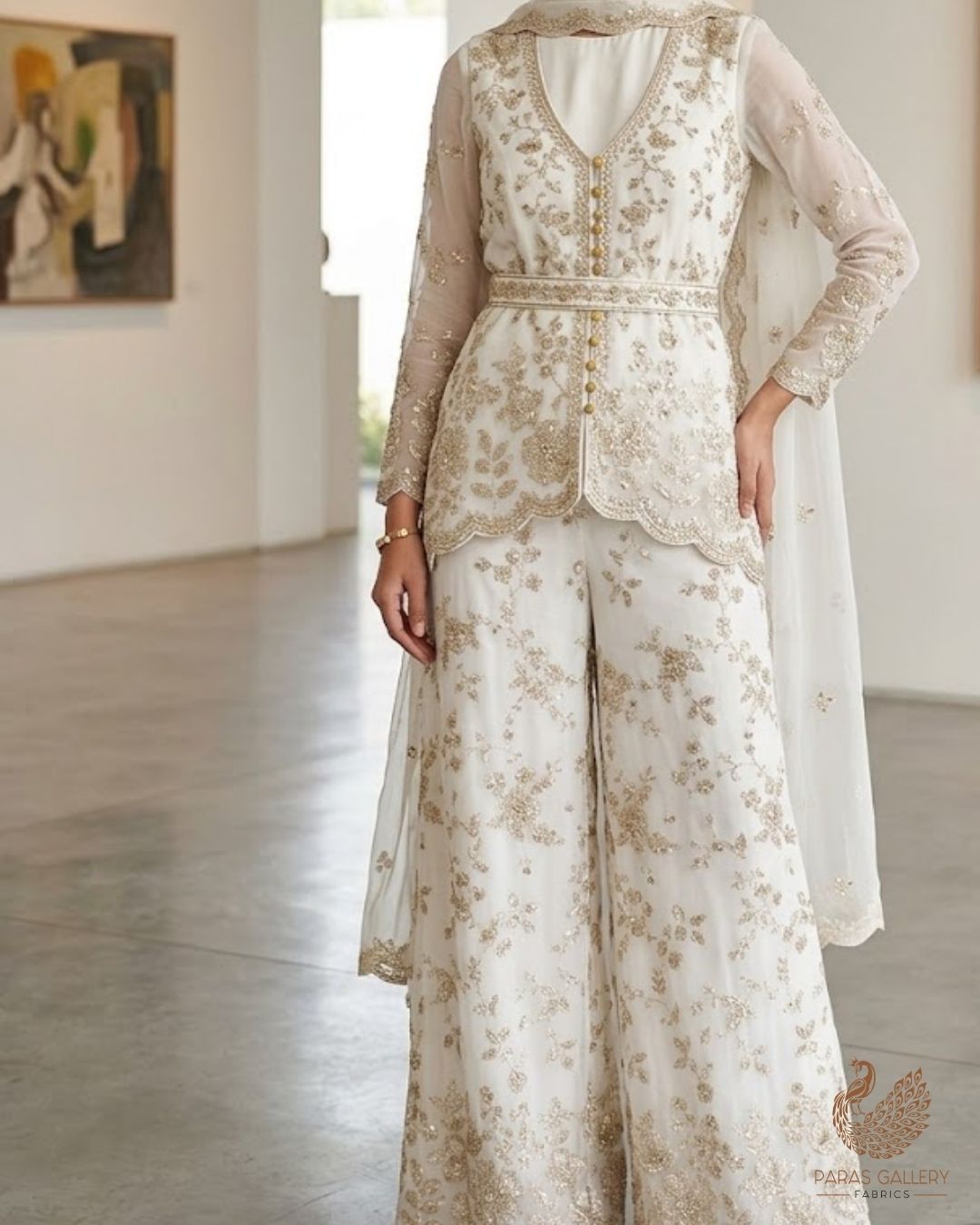 White Dyeable Georgette Fabric With All Over Zari And Sequins Work With One Side Border 23934