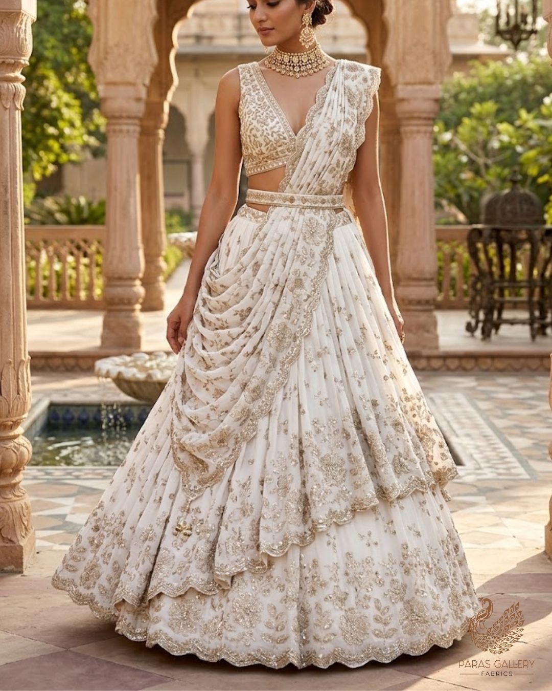 White Dyeable Georgette Fabric With All Over Zari And Sequins Work With One Side Border 23934