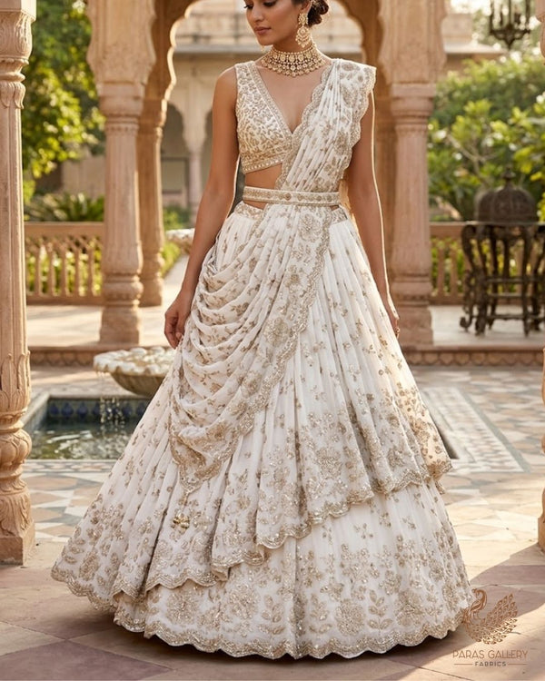 White Dyeable Georgette Fabric With All Over Zari And Sequins Work With One Side Border 23934