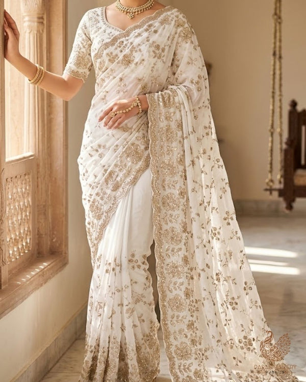 White Dyeable Georgette Fabric With All Over Zari And Sequins Work With One Side Border 23934