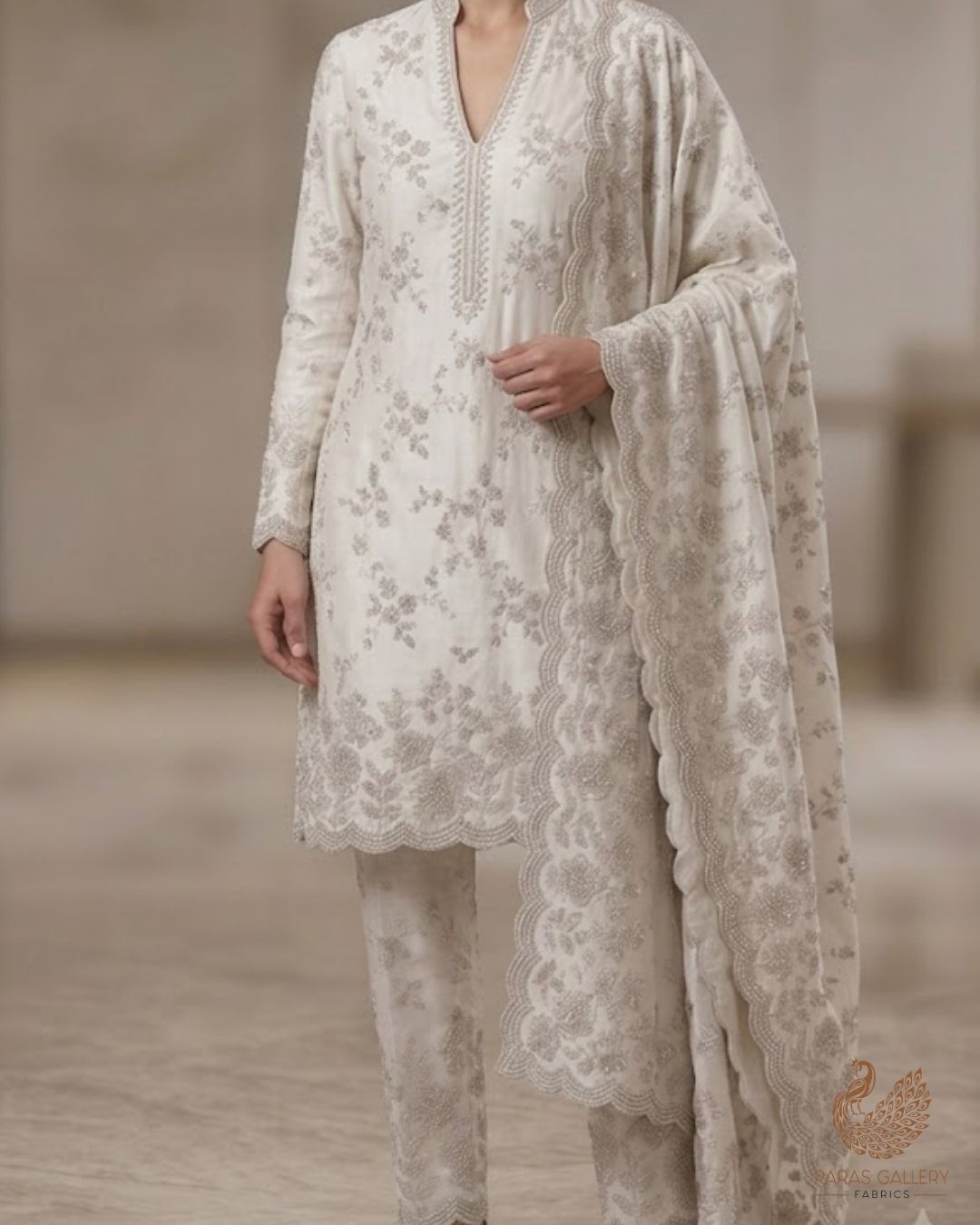 White Dyeable Georgette Fabric With All Over Zari And Sequins Work With One Side Border 23934