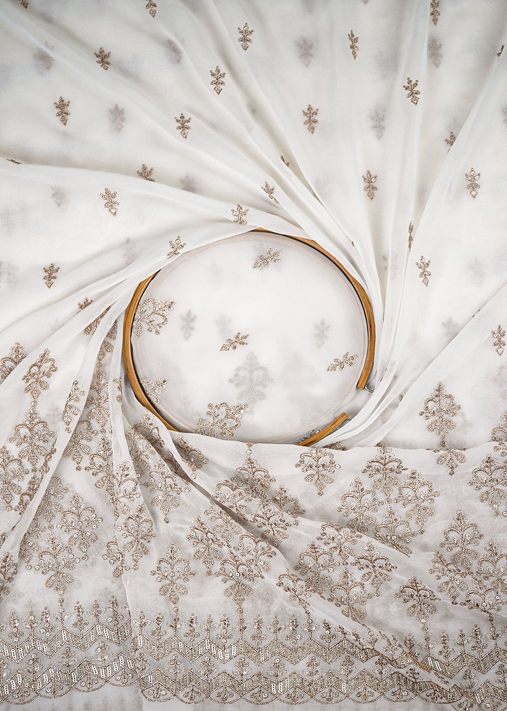 White Dyeable Georgette Fabric With All Over Zari And Sequins Work With One Side Border 23935