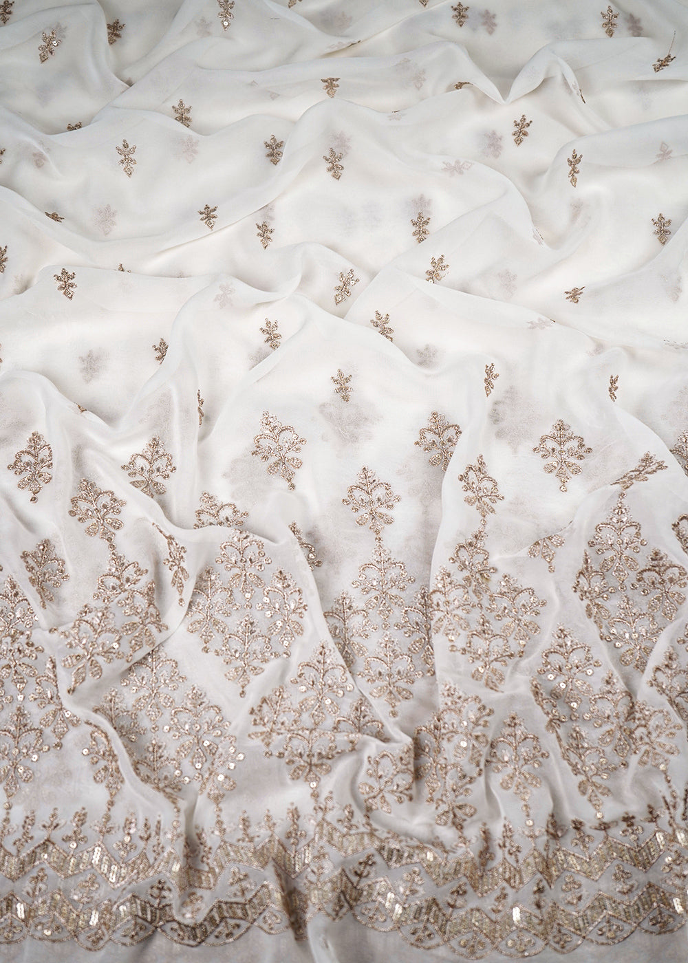 White Dyeable Georgette Fabric With All Over Zari And Sequins Work With One Side Border 23935