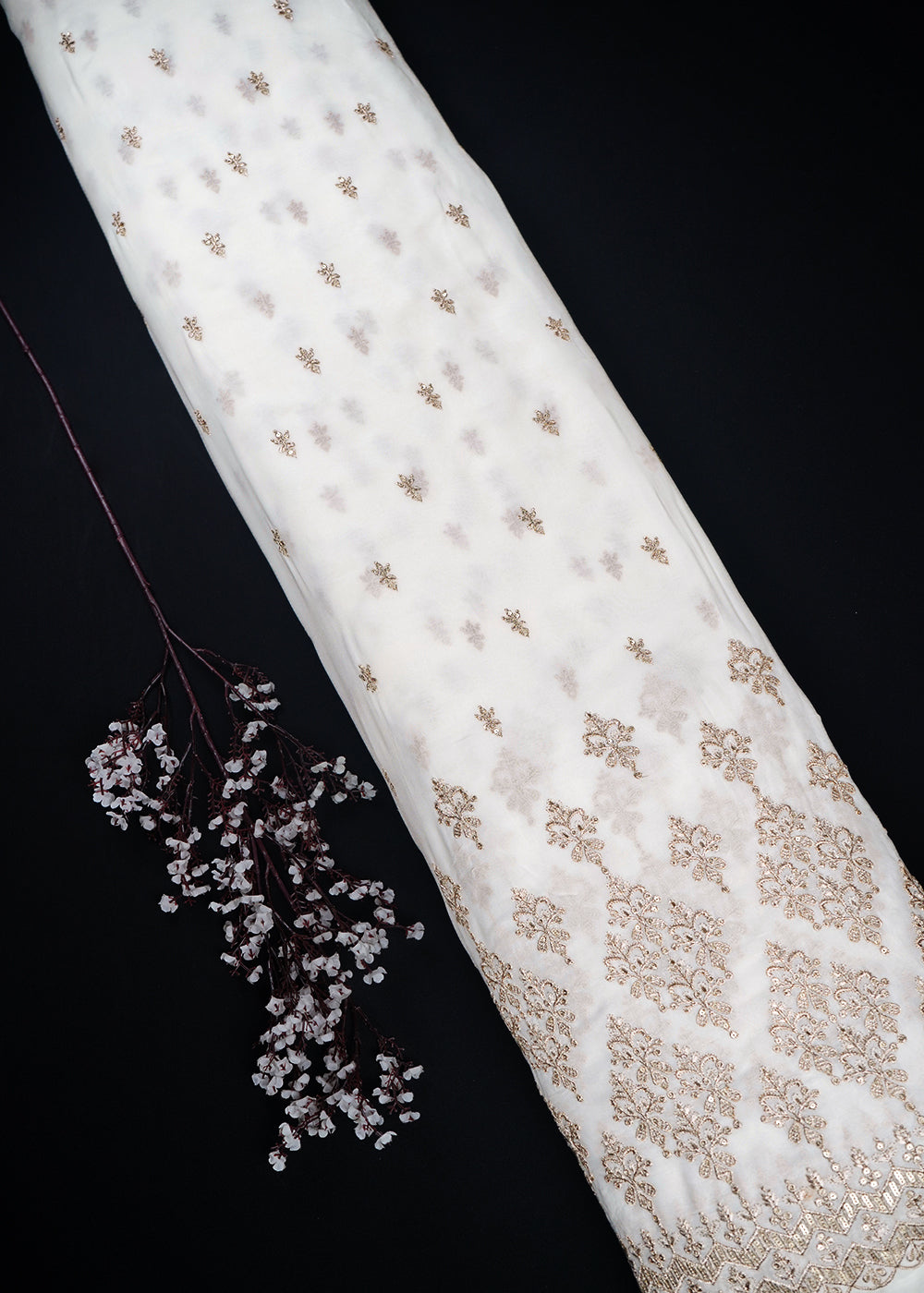 White Dyeable Georgette Fabric With All Over Zari And Sequins Work With One Side Border 23935