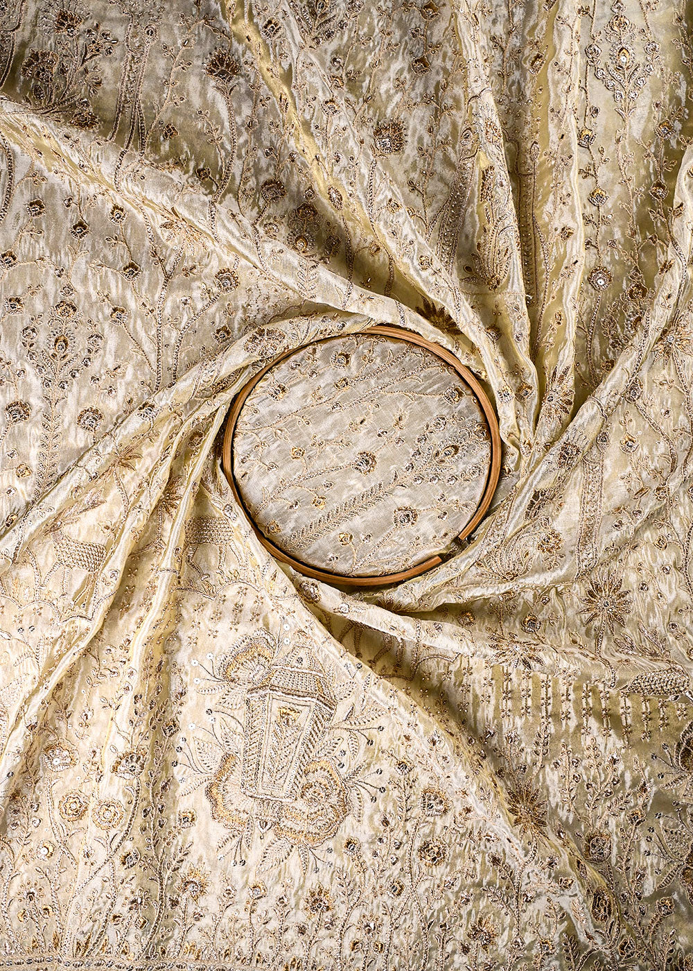 Golden Dyeable Tissue Fabric With All Over Zari, Sequins And Katdana Wrok With One Side Border 23936