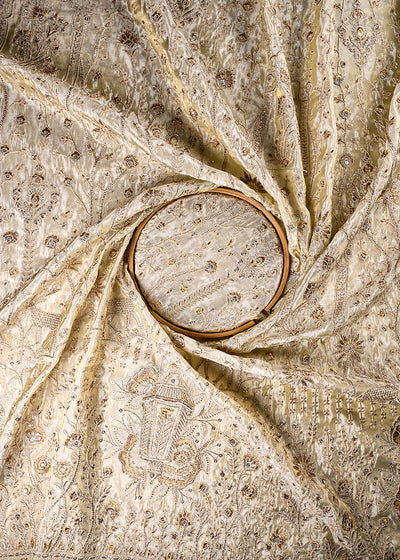 Golden Dyeable Tissue Fabric With All Over Zari, Sequins And Katdana Wrok With One Side Border 23936