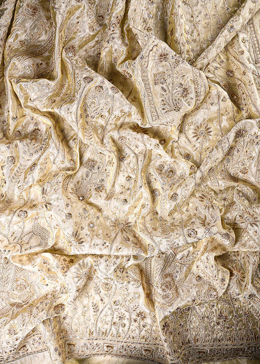 Golden Dyeable Tissue Fabric With All Over Zari, Sequins And Katdana Wrok With One Side Border 23936