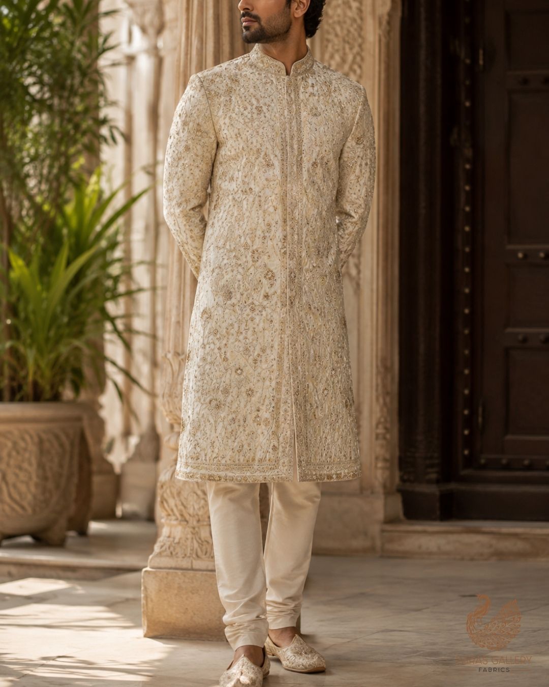 Golden Dyeable Tissue Fabric With All Over Zari, Sequins And Katdana Wrok With One Side Border 23936
