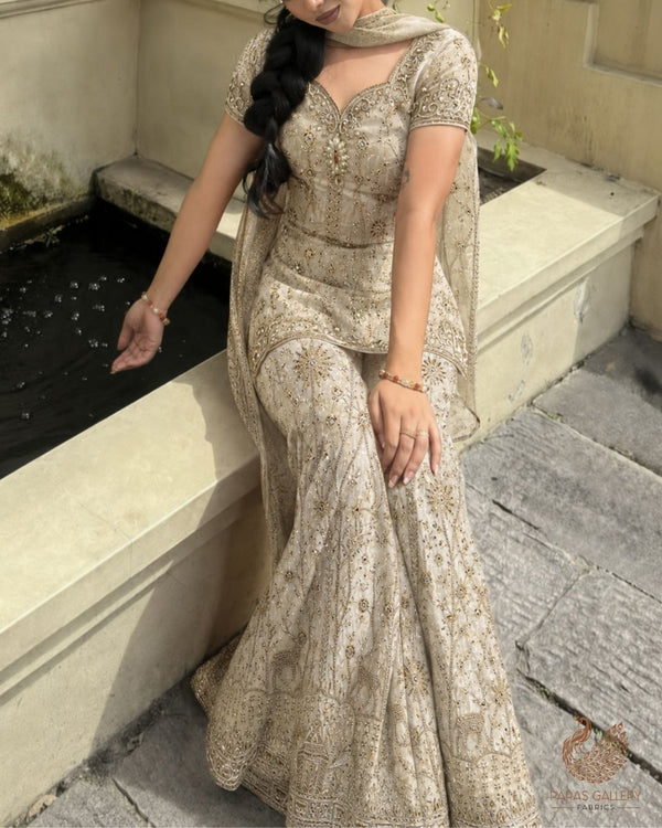 Golden Dyeable Tissue Fabric With All Over Zari, Sequins And Katdana Wrok With One Side Border 23936