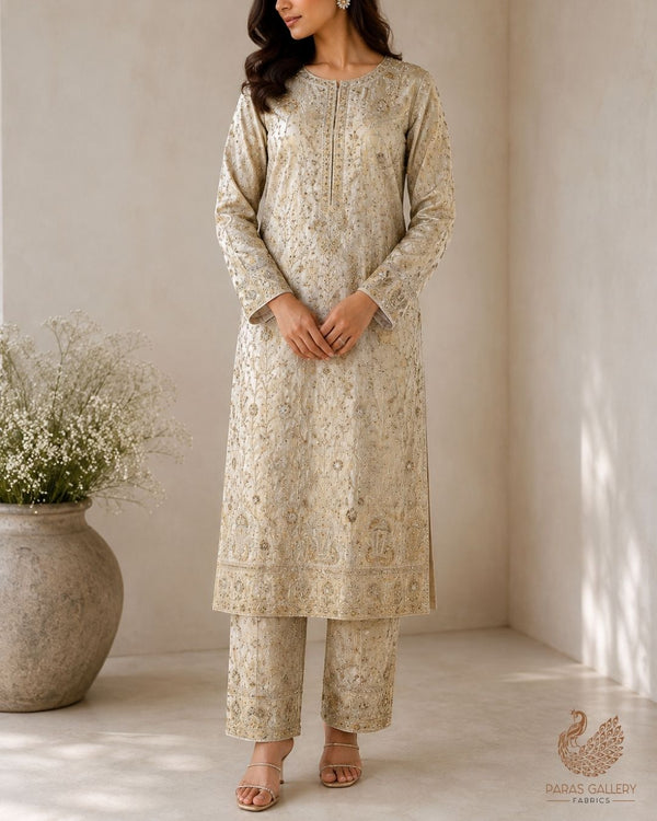 Golden Dyeable Tissue Fabric With All Over Zari, Sequins And Katdana Wrok With One Side Border 23936