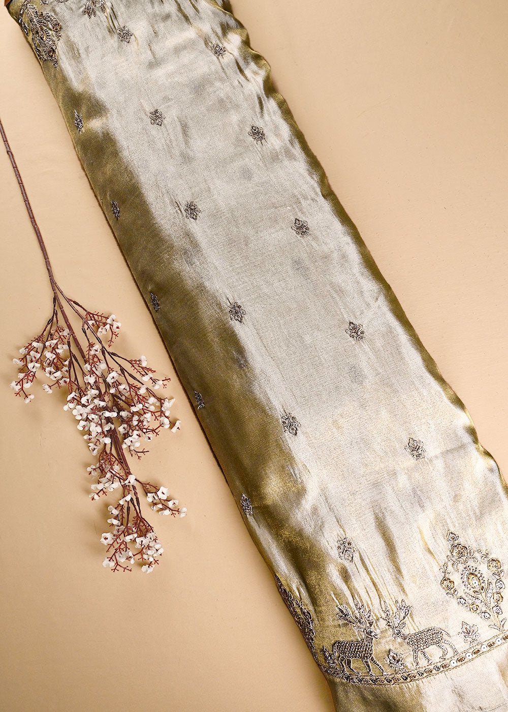 Golden Dyeable Tissue Dupatta Fabric With All Over Zari, Sequins And Katdana Work With One Side Border 23937