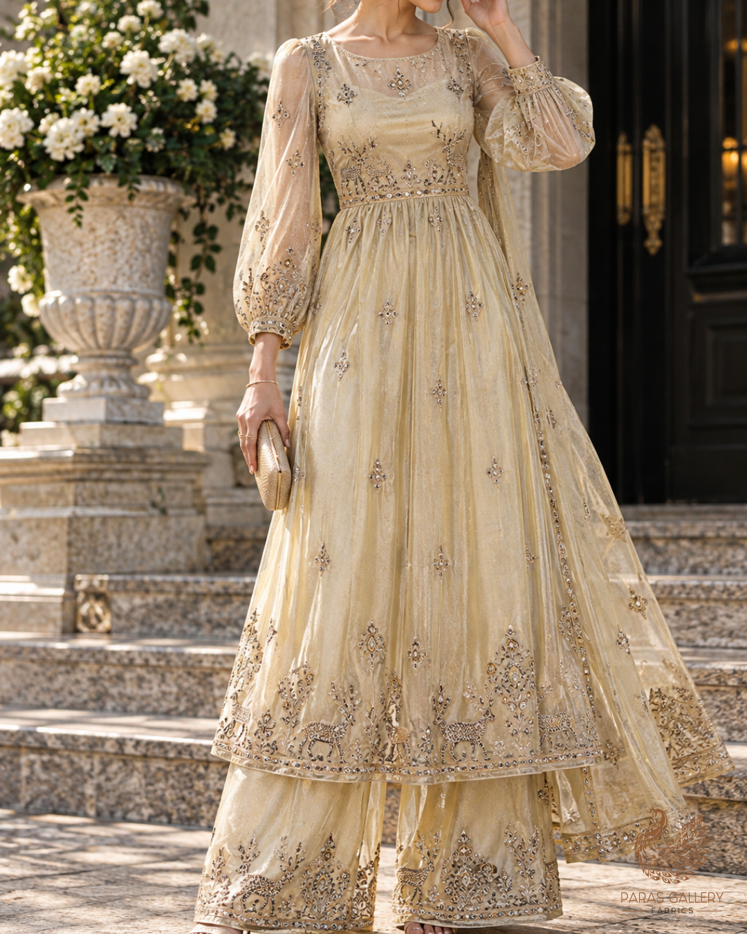 Golden Dyeable Tissue Dupatta Fabric With All Over Zari, Sequins And Katdana Work With One Side Border 23937