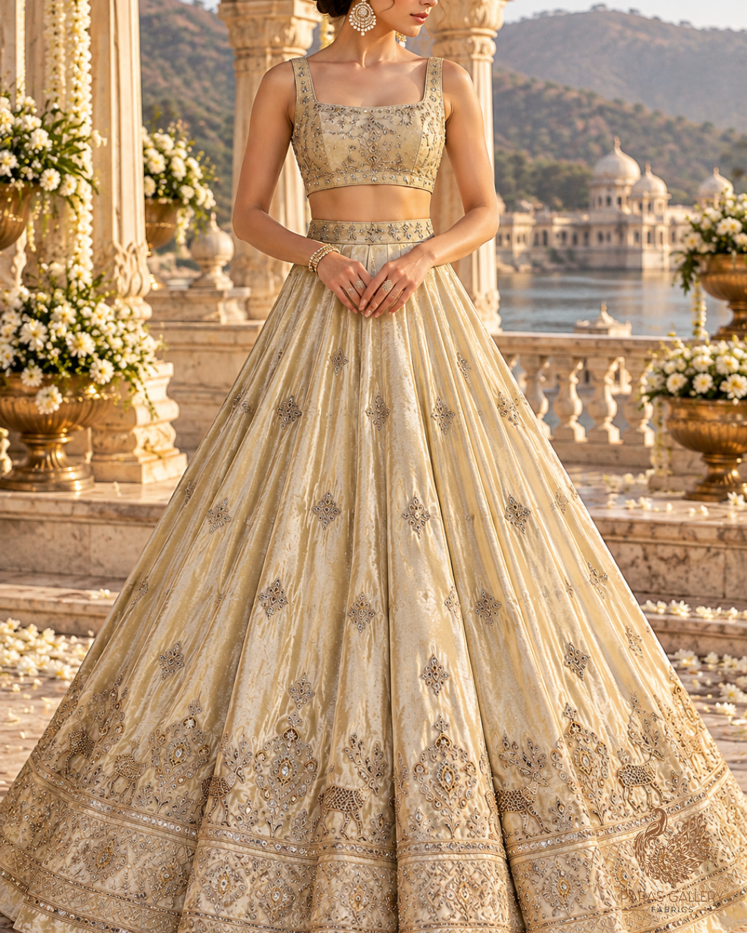 Golden Dyeable Tissue Dupatta Fabric With All Over Zari, Sequins And Katdana Work With One Side Border 23937