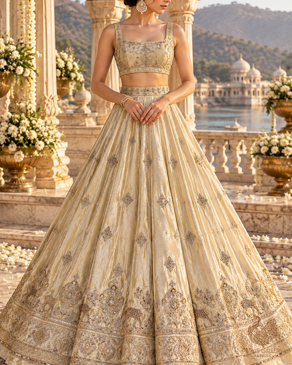 Golden Dyeable Tissue Dupatta Fabric With All Over Zari, Sequins And Katdana Work With One Side Border 23937