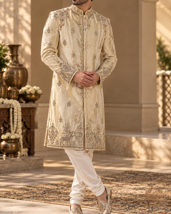 Golden Dyeable Tissue Dupatta Fabric With All Over Zari, Sequins And Katdana Work With One Side Border 23937