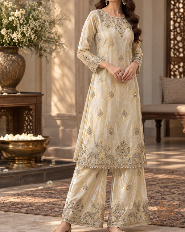Golden Dyeable Tissue Dupatta Fabric With All Over Zari, Sequins And Katdana Work With One Side Border 23937