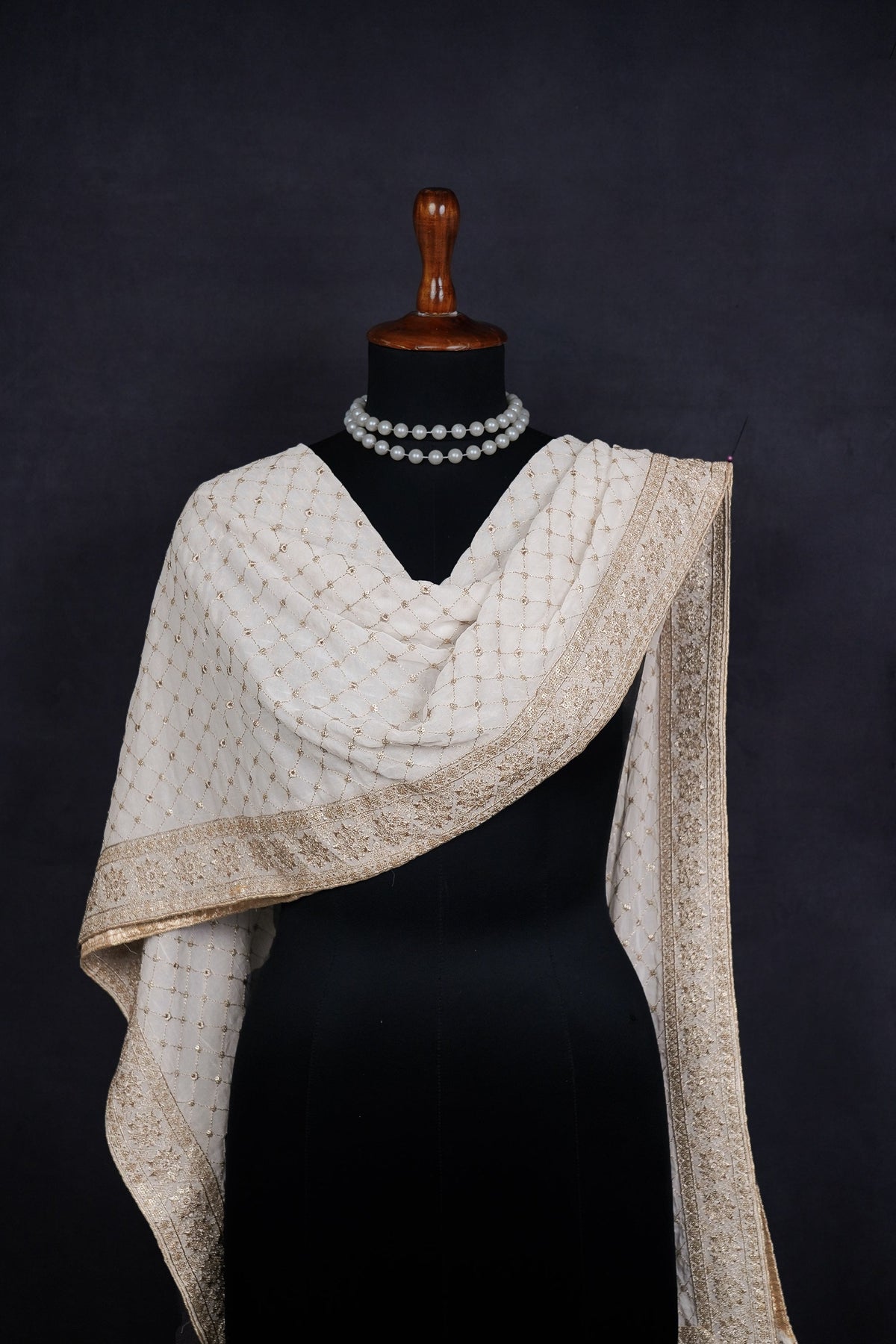 White Dyeable Georgette Dupatta All Over Zari And Sequins Work With Border 23939