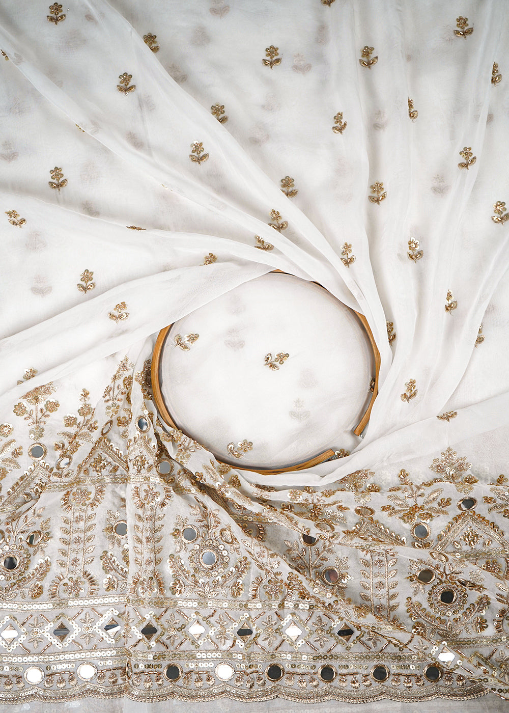 White Dyeable Organza Fabric With All Over Zari, Sequins, Katdana And Faux Mirror Work With One Side Border 23946