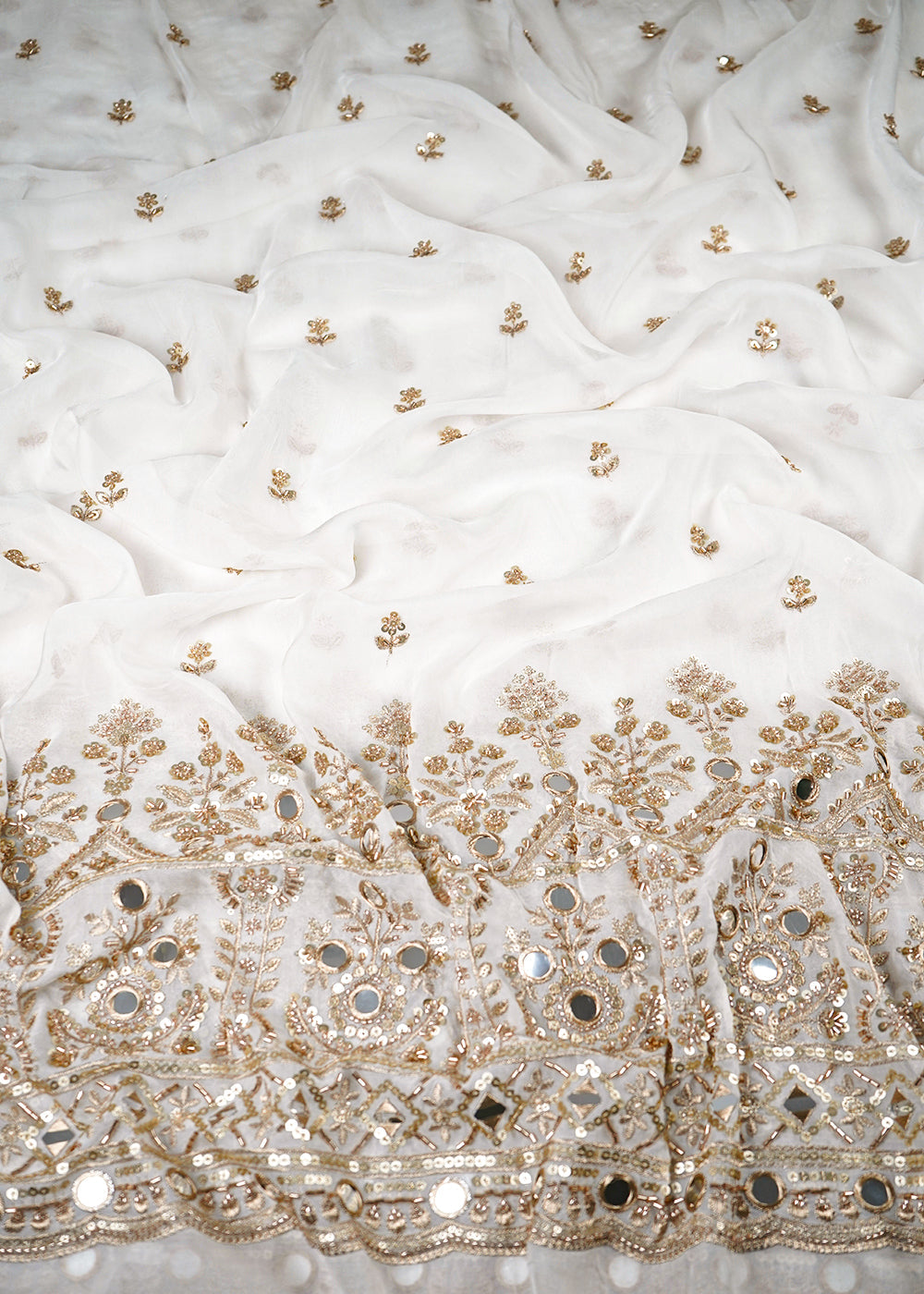 White Dyeable Organza Fabric With All Over Zari, Sequins, Katdana And Faux Mirror Work With One Side Border 23946