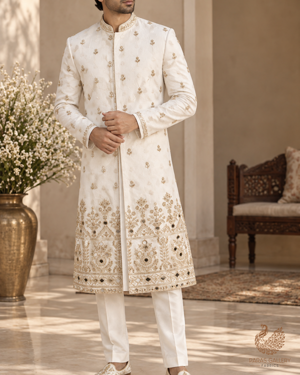 White Dyeable Organza Fabric With All Over Zari, Sequins, Katdana And Faux Mirror Work With One Side Border 23946