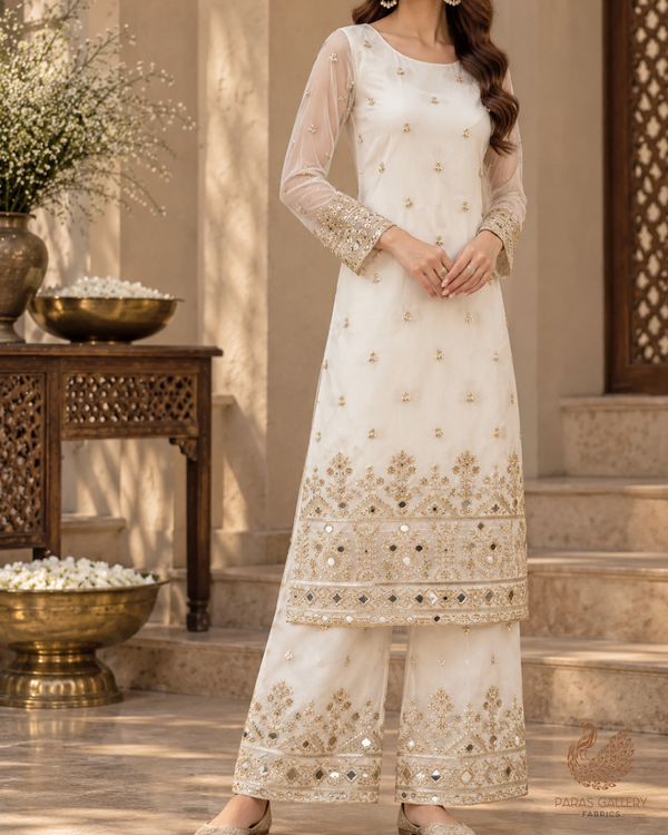 White Dyeable Organza Fabric With All Over Zari, Sequins, Katdana And Faux Mirror Work With One Side Border 23946