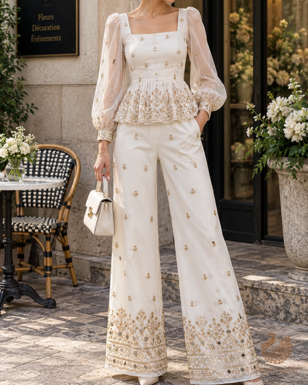 White Dyeable Organza Fabric With All Over Zari, Sequins, Katdana And Faux Mirror Work With One Side Border 23946