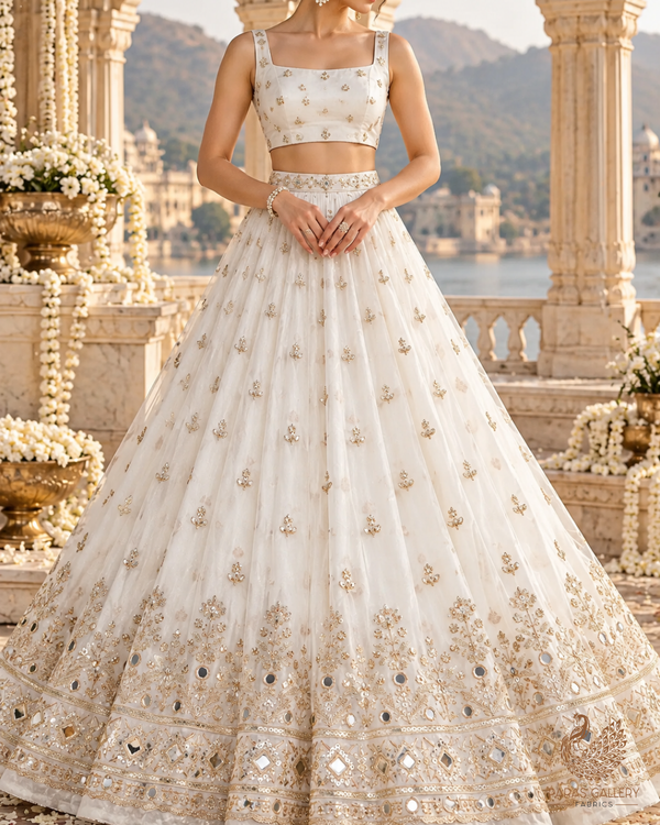 White Dyeable Organza Fabric With All Over Zari, Sequins, Katdana And Faux Mirror Work With One Side Border 23946