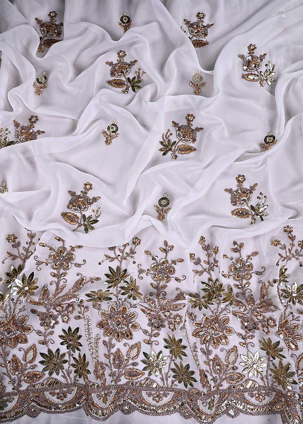 White Dyeable Georgette Fabric With All Over Zari, Sequins, Katdana, Bead And Gota Patti Work With One Side Scalloped Border 23947