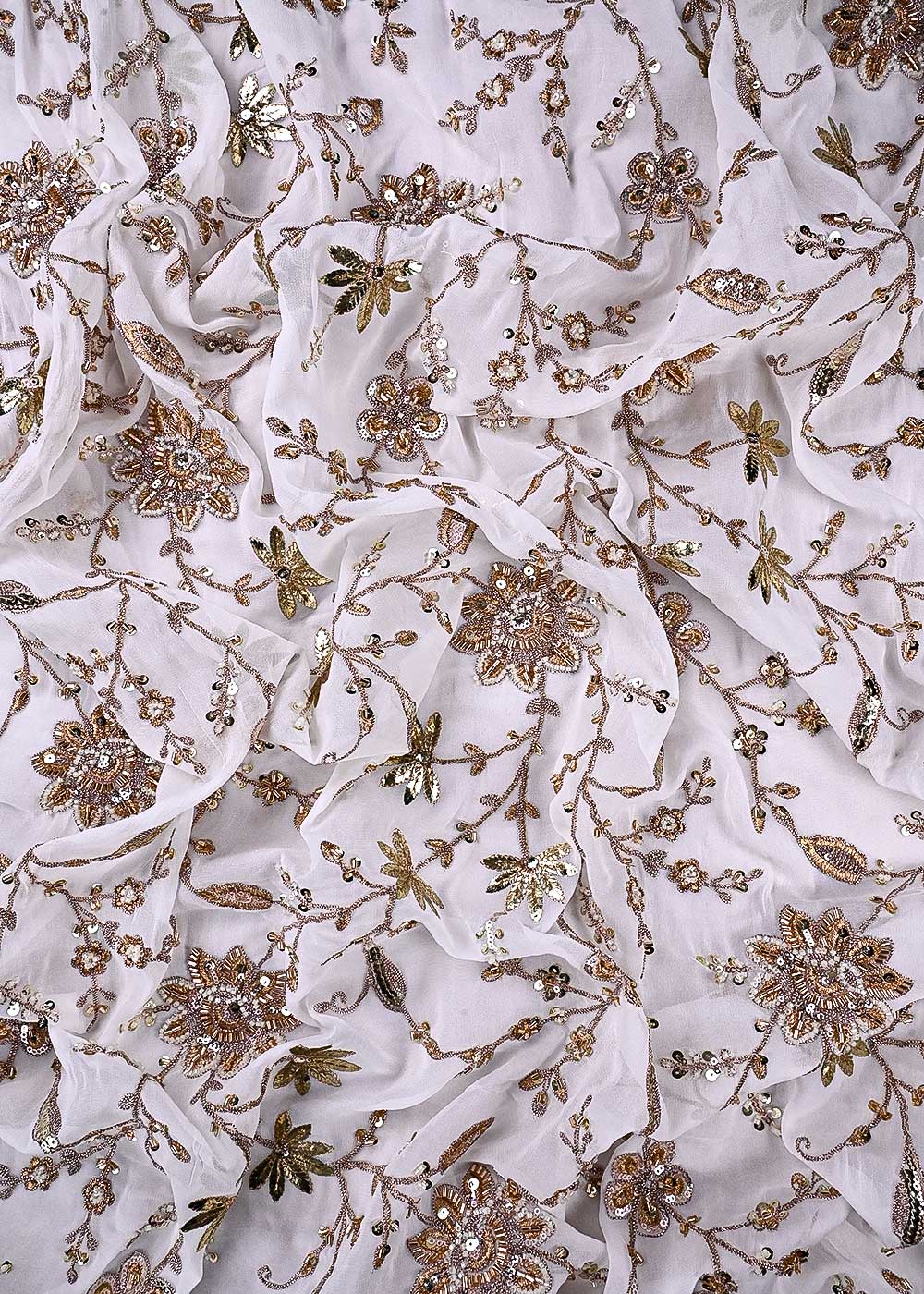 White Dyeable Georgette Fabric With All Over Zari, Sequins, Katdana, Bead And Gota Patti Work 23948